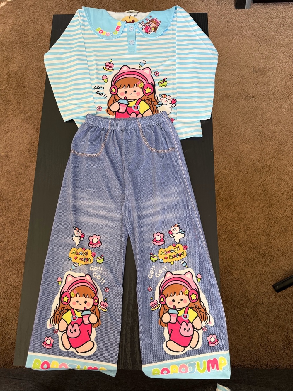 Girls Two-Piece Cartoon Pajama Set - Blue & Pink soft fabric lightweight comfy